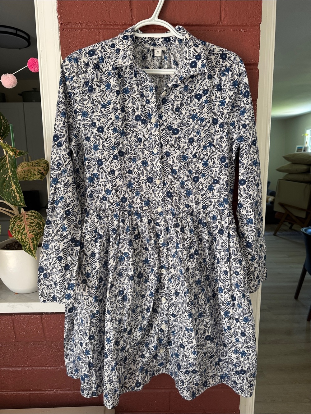 J. Crew Blue and White Floral Long Sleeve Dress